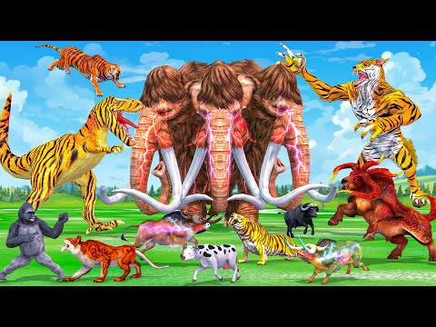 Giant 3 Head Mammoth Elephant Cow vs 5 Giant Lion Tiger Wolf Dinosaur Attack Buffalo Save by Mammot