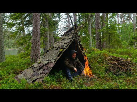 Survival and Bushcraft in the Wilderness - Catch and Cook - Bark Shelter in the Rain