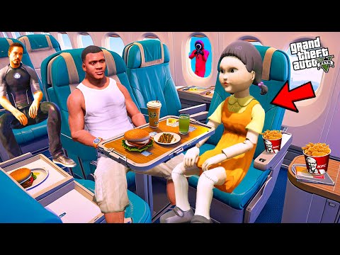 Franklin And Shinchan Enjoying First Flight With Squid Game Doll In GTA 5!