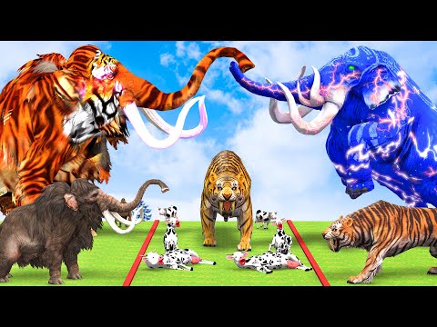 5 Giant Mammoth Elephant Cow Vs 5 Zombie Bull Vs Giant Lion Tiger Attack Cow Baby Saved By Mastodon