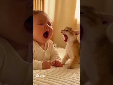 赤ちゃんがあくびした瞬間子猫も大げさにあくびする