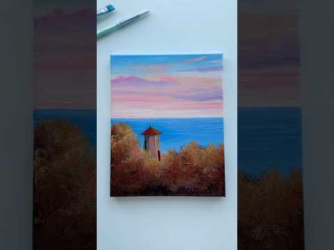 Peaceful skies & a quiet lighthouse 🌅✨ #paintings #artwork
