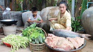 Cucumber, Long beans, lettuce, water spinach harvesting for table | Big fish, beef cook for dinner