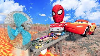 Fan Lava Bridge 😱 vs Big & Small Pixar Car vs McQueen Boy, Tow Mater vs King Dinoco - BeamNG.Drive