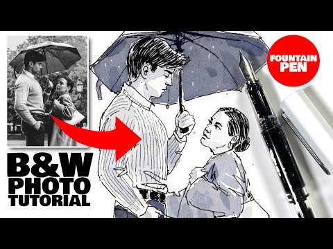 How To Sketch PEOPLE With A Fountain Pen | Black & White Photo Tutorial