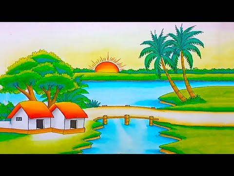 How to draw a beautiful village scenery || Sunset and sunrise scenery drawing easy step by step