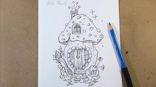 How to Draw a Mushroom House Step by Step | Pencil drawing