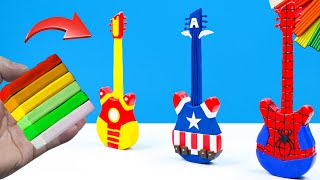 DIY guitar in the style of superheroes Spider-Man, Captain America, and Iron Man with clay