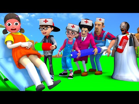 Scary Teacher 3D vs Squid Game DOLL Become a Doctor Rescuing Pregnant Doll 5 Times Challenge