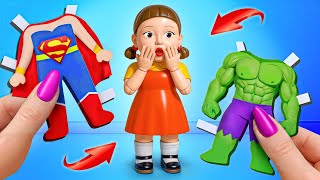 स्क्विड गेम डॉल को सुपरहीरोज़ ने गोद ले लिया ! रियल लाइफ में स्क्विड गेम 3 !