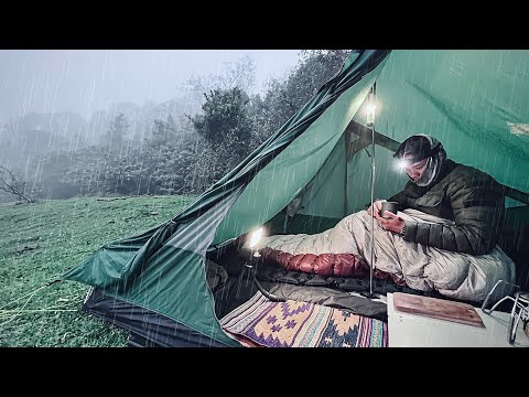 COZIEST RAIN CAMPING IN A FOGGY FOREST • SOLO RELAXING IN A TENT • ASMR