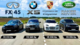 BMW X5 E53 4.8 vs Infiniti FX45 vs Porsche Cayenne 4.8 vs Range Rover Sport 4.2k
