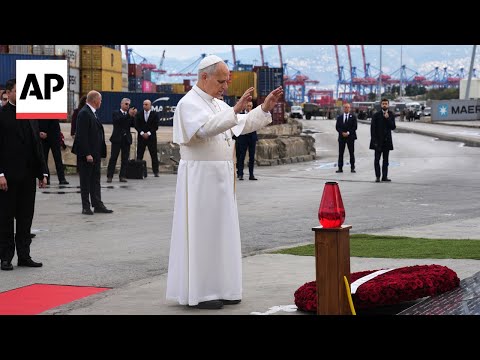 YouTube video thumbnail: Pope Leo XIV Prays at the Site of 2020 Beirut Port Explosion