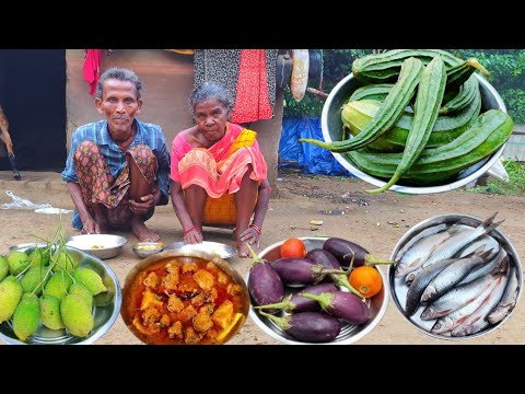 rural old grandma cooking FISH CURRY with BRINJAL and eating || how to cook and eat fish curry