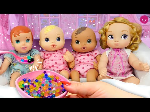 4 Muñecas BEBÉ Comiendo SOPA de ORBEEZ 🍲 Rutina de NOCHE Princesas Disney y Baby Alive