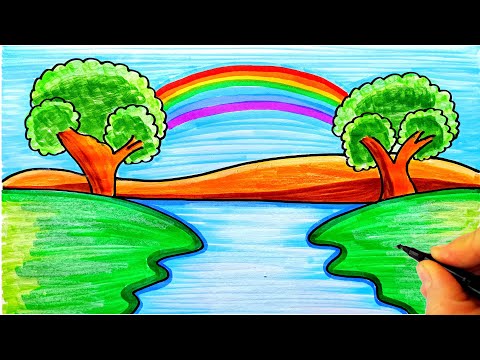 Kolay Manzara Resmi Çizimi 🌳 Doğa Resmi Çizimi - How To Draw Very Easy Landscape - Çocuklar için Çiz