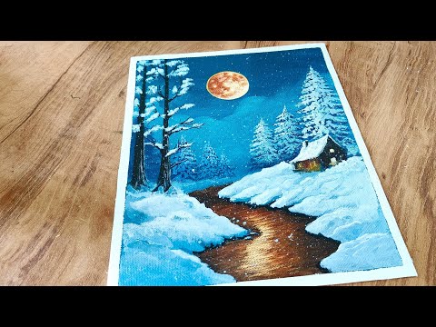 Moonlight Winter Scenery Painting / Acrylic Painting/ Easy Winter Painting