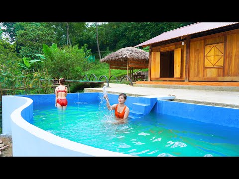 150Day  Young GIRL Build a Transparent Swimming Pool in Front of wooden VILLA from Start to Finish