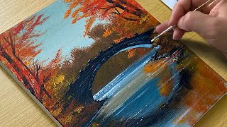 Peaceful Autumn Bridge Painting - Acrylic Painting for Beginners
