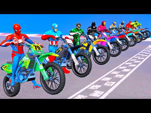 SPIDERMAN IN AVENGERS Team Hulk Iron Man RACING MOTORCYCLES Jump Over Challenge on Mega Ramp - GTA 5