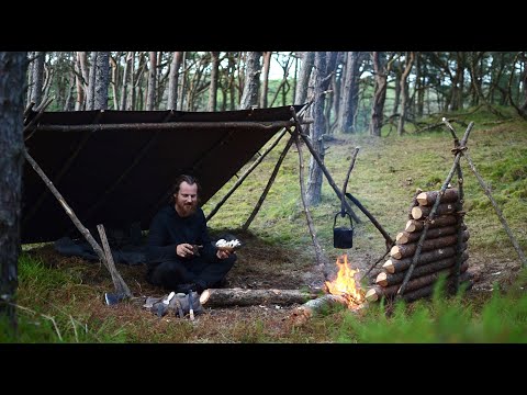 4 days bushcraft trip - canvas tarp, fatwood, mushrooms, wild berries, carving eating spoon etc.