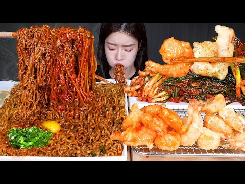 ASMR MUKBANG | 신상 마라짜파게티 🔥 칠리새우 크림새우 파김치 먹방 Mala Black Bean Noodles ☆ Chili & Cream Shrimp & Kimchi