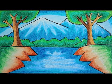 Scenery Drawing | How To Draw Easy Mountain and River Scenery at The Morning With Oil Pastels