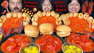 SPICY CHILLI GRAVY MOMO, CHICKEN BURGER, PANI PURI, NOODLES STREET FOOD EATING CHALLENGE VIRAL VIDEO