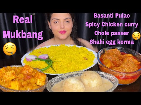 Eating Basanti Pulao with Spicy Chicken Curry, Chole Paneer, Shahi Egg Masala| Mukbang Eating Show