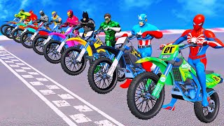 SPIDERMAN vs SUPERHEROES Racing Motorcycles Big Ramp Mega Jump Challenge ! Motorbikes Stunts - GTA 5
