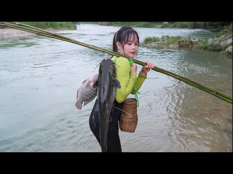Country girl fishing and cooking with family