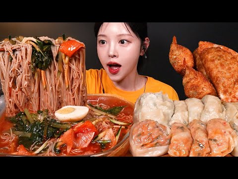 SUB)더운날 시원매콤한 열무냉면 먹방! 대왕 튀김만두 새우 김치 고기만두까지 냉면 꿀조합 Naengmyeon & Mandu Mukbang Asmr