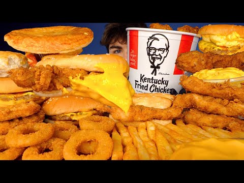 ASMR MUKBANG EXTRA KFC FRIED CHICKEN BURGERS & FRIES & MAC N CHEESE & ONION RINGS | WITH CHEESE