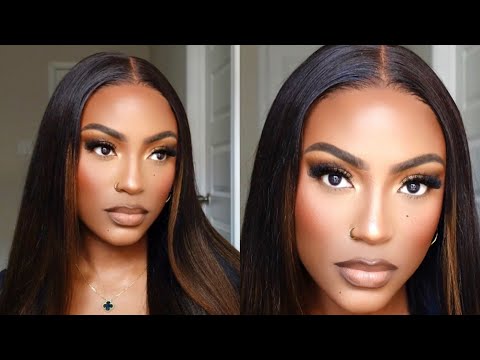 START TO FINISH FULL GLAM MAKEUP TUTORIAL || GLOWY GOLD SOFT GLAM #darkskin #brownskin