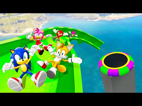 Sonic Team Crazy Trampoline Jumps & Water Slides in GTA 5 (Ragdolling)
