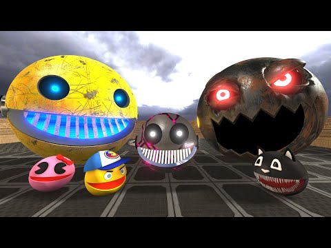 scary pacman vs cartoon cat vs monster pacman vs robot pacman vs giant pacman colors in real life