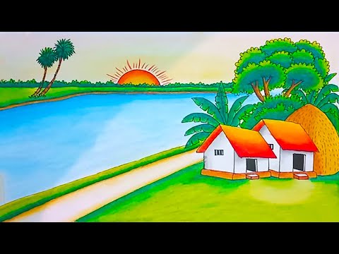 How To Draw Easy Village Landscape Scenery Drawing Step by Step drawing With Oil Pastel