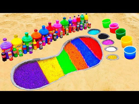 How to make Rainbow Feet with Orbeez, Giant Mtn Dew, 7up, Mirinda, Pepsi, Fanta, Coca Cola vs Mentos