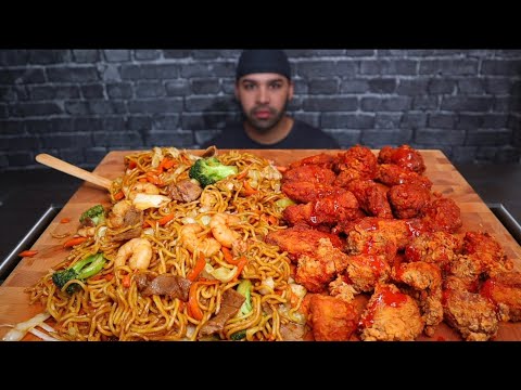 (ASMR) NOODLES WITH BEEF, SHRIMP, CHICKEN & VEGETABLES. POPEYES SIGNATURE HOT CHCIKEN WINGS MUKBANG