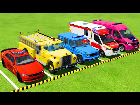 POLICE CARS, AMBULANCE, FIRE DEPARTMENT VEHICLES TRANSPORTING WITH TRUCKS TO THE GARAGE ! FS22