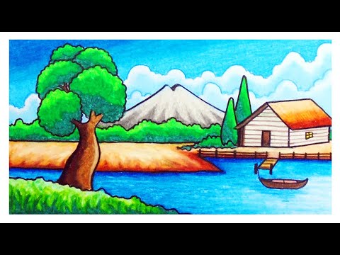 Menggambar Pemandangan | Cara Mudah Menggambar Pemandangan Rumah dan Danau Dengan Oil Pastel