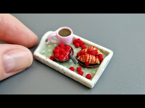 Miniature tray with a cup of coffee and raspberry croissants❤️🤍❤️Polymer clay\DIY\Tutorial\Fimo