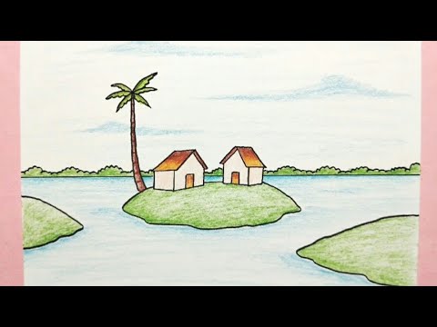 Cara menggambar pemandangan rumah dan sungai - How to draw scenery easy for beginners