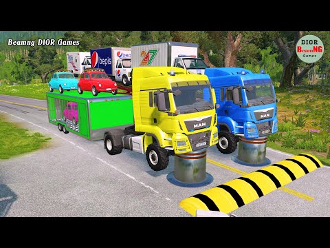 Double Flatbed Trailer Truck vs speed bumps|Busses vs speed bumps|Beamng Drive|1014