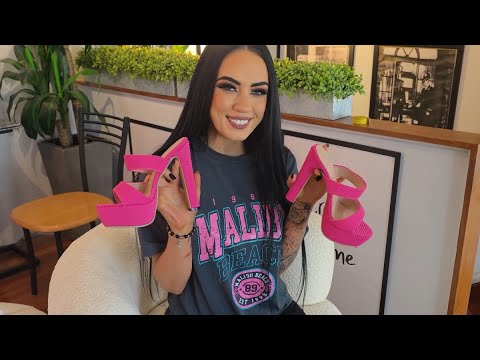 Rose Unboxes Hot Pink Corduroy Double Strap 5 Inch Slide On High Heel Shoes
