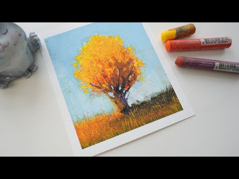 How to draw autumn tree - oil pastel technique