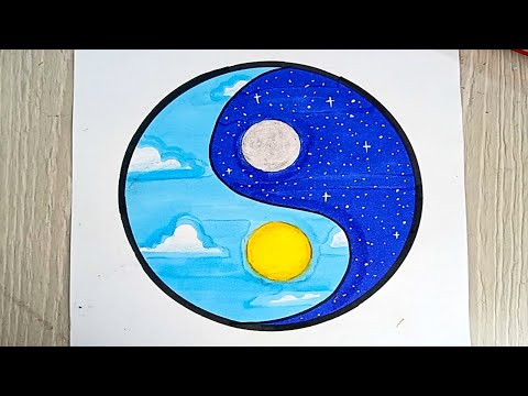 رسم سهل | رسم منظر طبيعي نصف ليل  نهار بخطوات سهلة للمبتدئين ✨🌙☀️ | رسم 🎨 |easy drawing