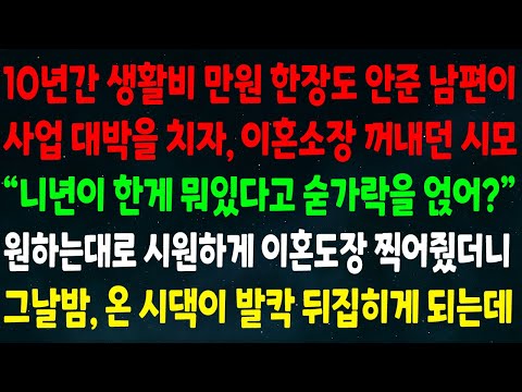 (반전신청사연)10년간 생활비 만원 한장 안준 남편이 사업 대박치자 이혼소장 꺼낸 시모"니년이 한게 뭐있다고 숟가락을 얹어?"원하는대로 시원하게 도장 찍으니 시댁이 발칵 뒤집히는데