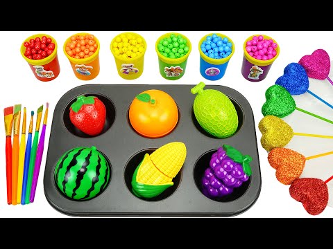 Oddly Satisfying l 6 Rainbow Mucus Slime Fruits FROM Shiny Lollipops Candy Hearts Magic Paint ASMR