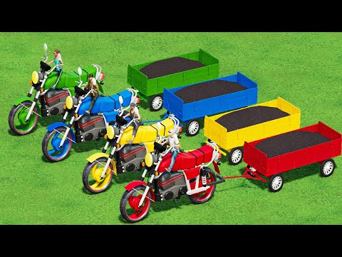 Transport with Colors! BIG HONDA Motorcycle in Spiral Bridge Stunt Ride - Motors VS LOADERs